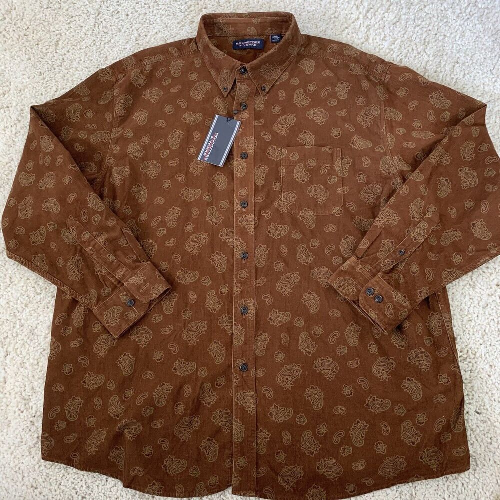 Roundtree Yorke Shirt Mens XXL Rust Corduroy Paisley Print Long Sleeve NEW